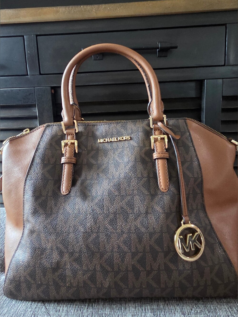 MICHAEL KORS Large Brown Ciara Satchel Bag Gold Metal Feet